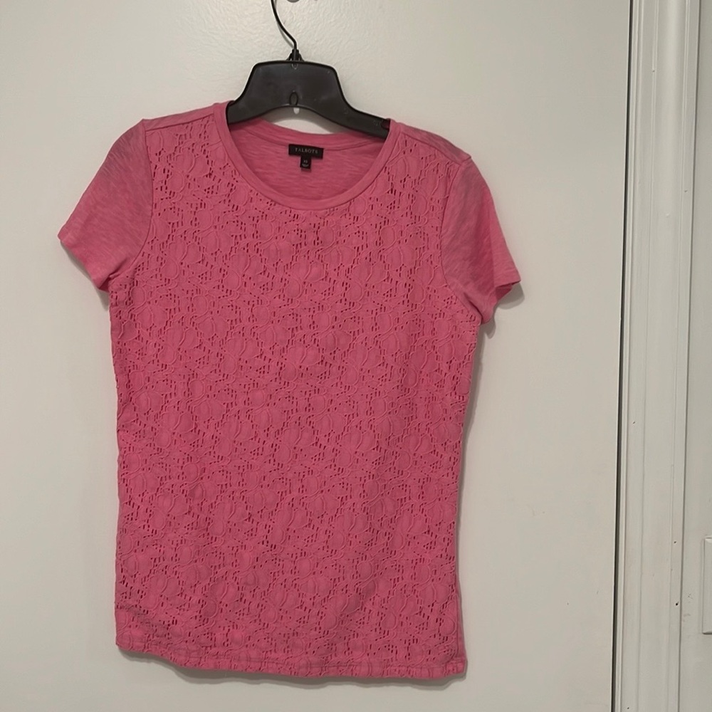 Talbots Top XS- Floral Lace Overlay T-Shirt Short Sleeve Scoop Neck